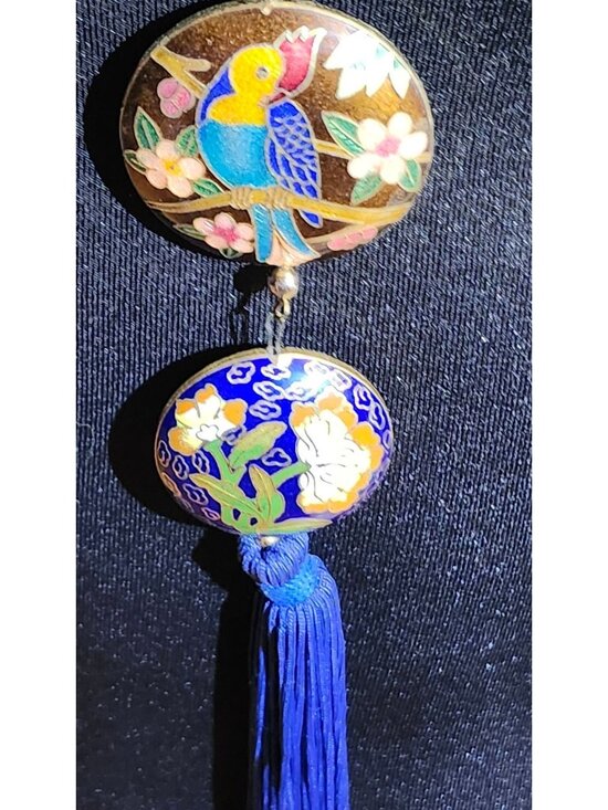 Jewelry - Vintage Cloisonné Double Pendant Necklace With Parrot & Floral Motif  Royal Blue